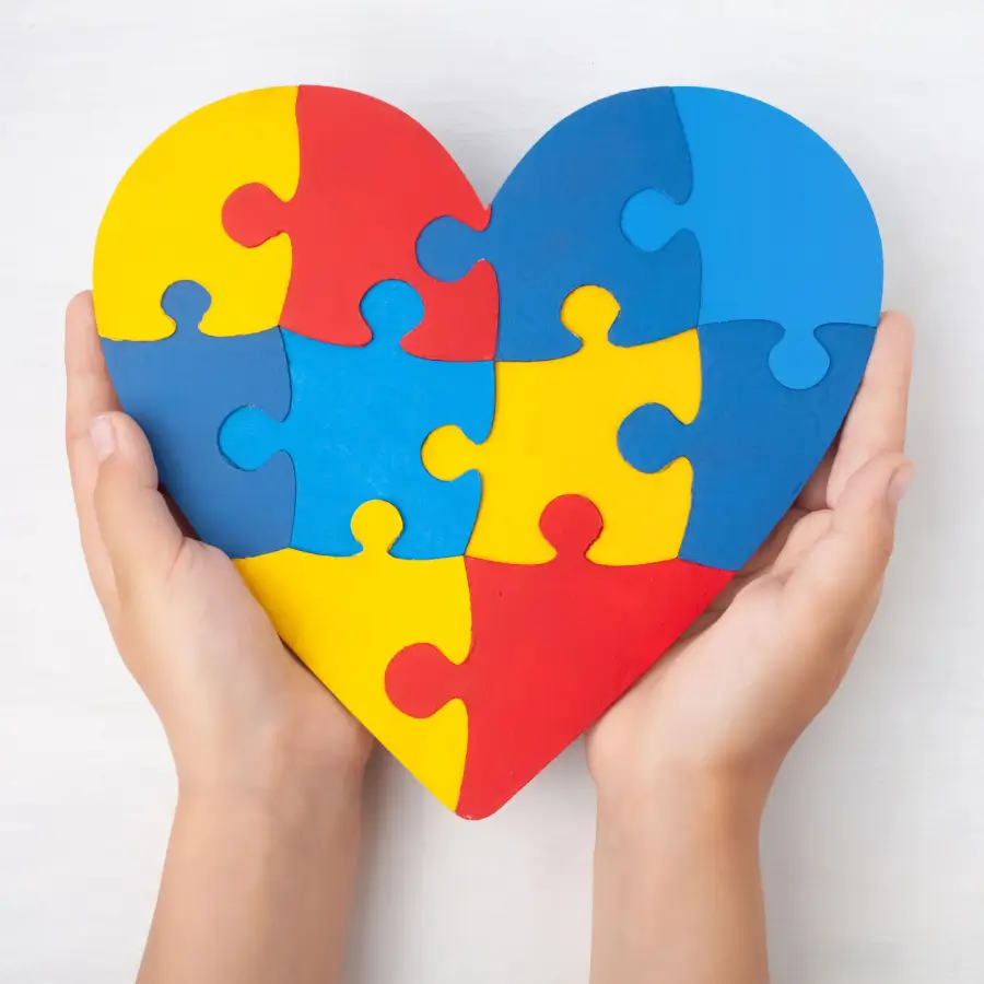 A person holding a heart shaped puzzle piece.