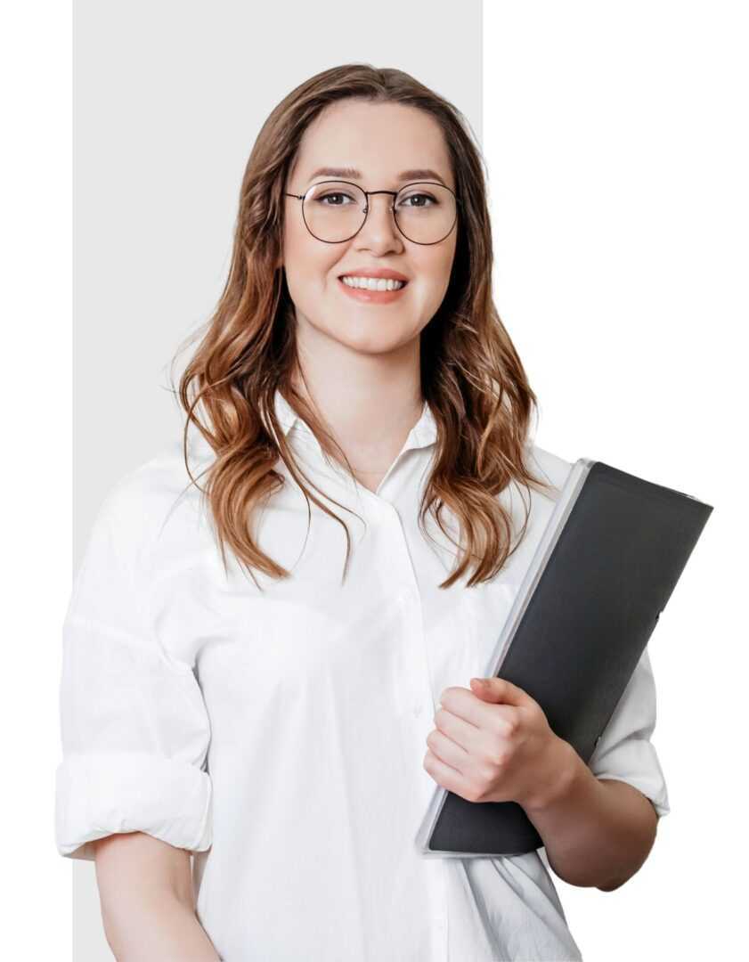 Group 1321315033 A woman holding a black folder in her hand.