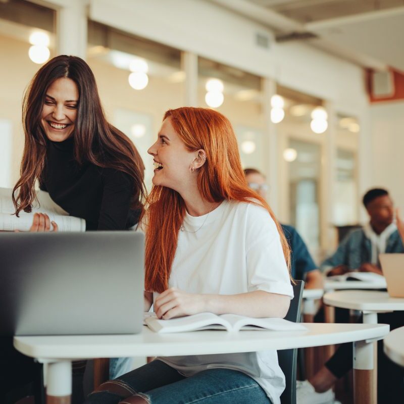 Two women sitting at a table with laptops.